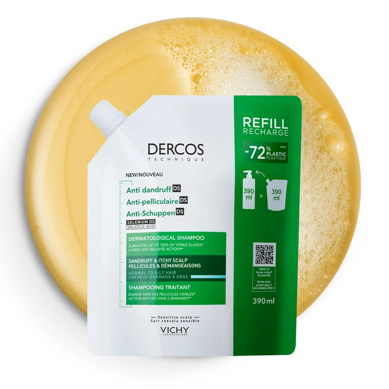 VICHY DERCOS korpásodás elleni sampon Selénium DS-SEL KÖRNYEZETBARÁT UTÁNTÖLTŐ, NORMÁL VAGY ZSÍROS HAJRA, Érzékeny fejbőrre 390 ml